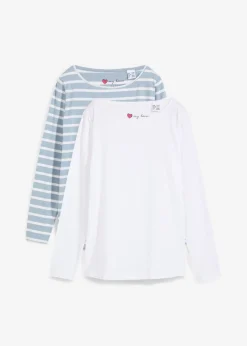 bonprix bonprix Camiseta con manga larga y escote barco (2 unidades) Azul suave/blanco con rayas verticales + blanco Discount