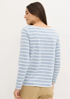 bonprix bonprix Camiseta con manga larga y escote barco (2 unidades) Azul suave/blanco con rayas verticales + blanco Discount