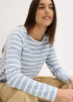 bonprix bonprix Camiseta con manga larga y escote barco (2 unidades) Azul suave/blanco con rayas verticales + blanco Discount