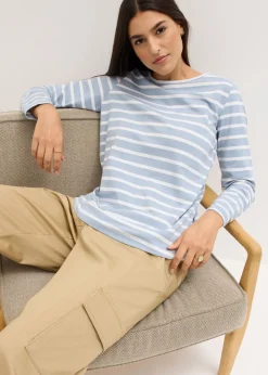 bonprix bonprix Camiseta con manga larga y escote barco (2 unidades) Azul suave/blanco con rayas verticales + blanco Discount