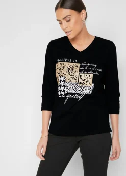 bonprix bonprix Camiseta con mangas 3/4 Negro/gris/capuchino estampado