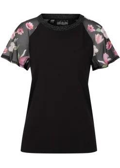 bonprix bonprix Camiseta con mangas de gasa Negro de flores Online