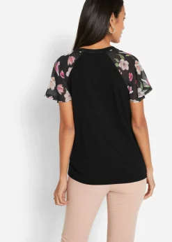 bonprix bonprix Camiseta con mangas de gasa Negro de flores Online