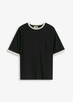 bonprix bonprix Camiseta con ribete de encaje Negro-blanco lana Sale