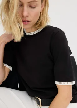 bonprix bonprix Camiseta con ribete de encaje Negro-blanco lana Sale
