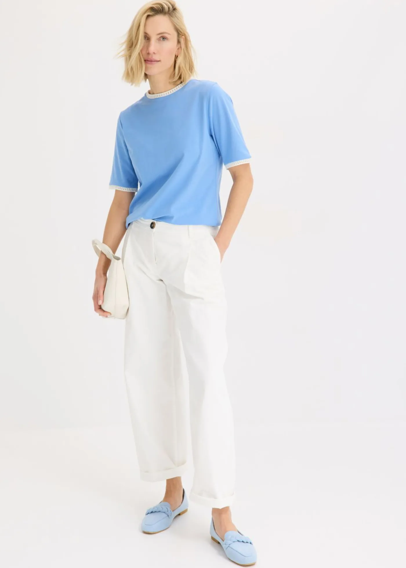 bonprix bonprix Camiseta con ribete de encaje azul provenzal-blanco lana Clearance