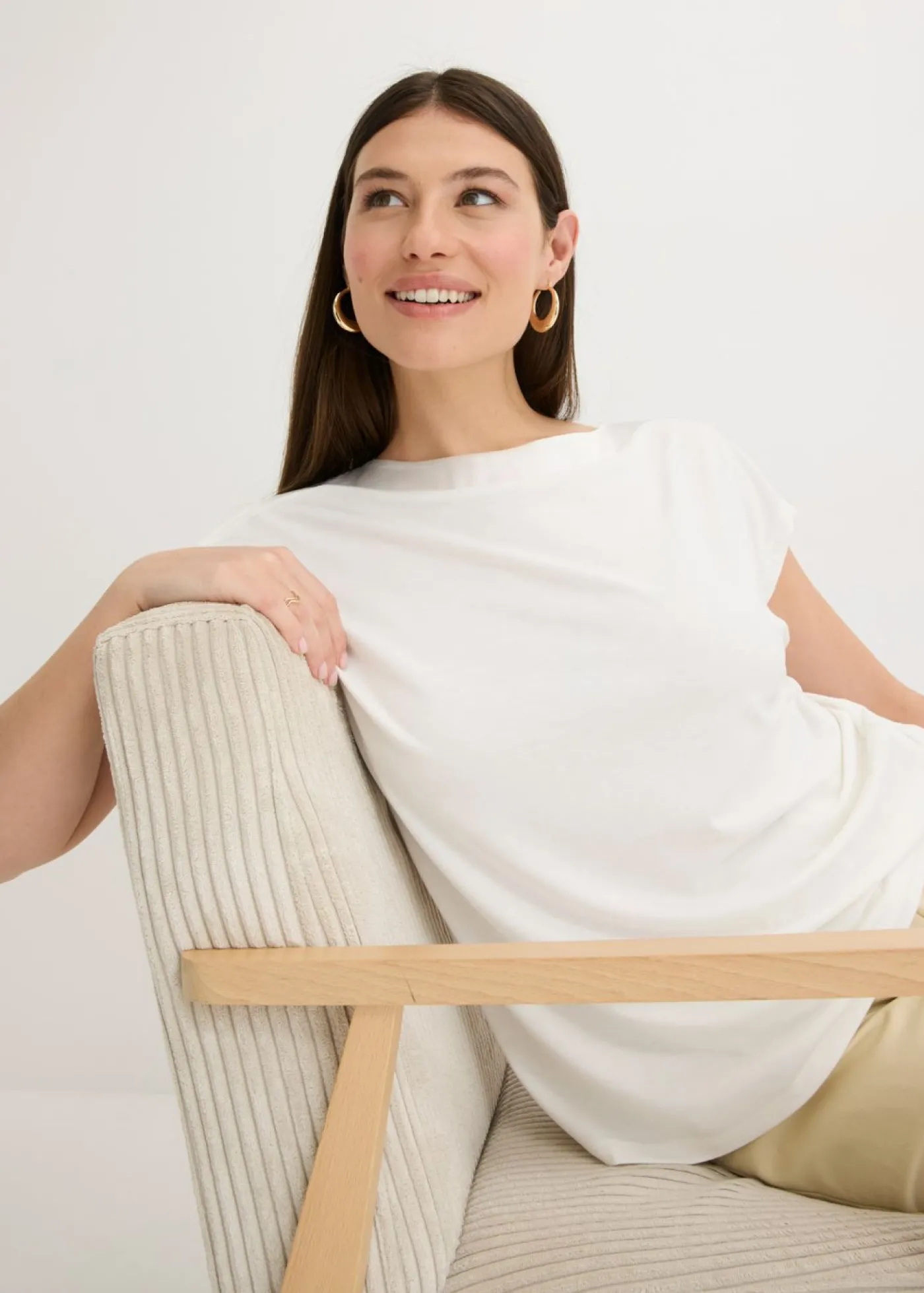 bonprix bonprix Camiseta con ribete de satén Blanco lana