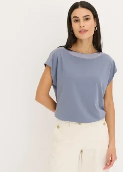 bonprix bonprix Camiseta con ribete de satén Azul ahumado Discount