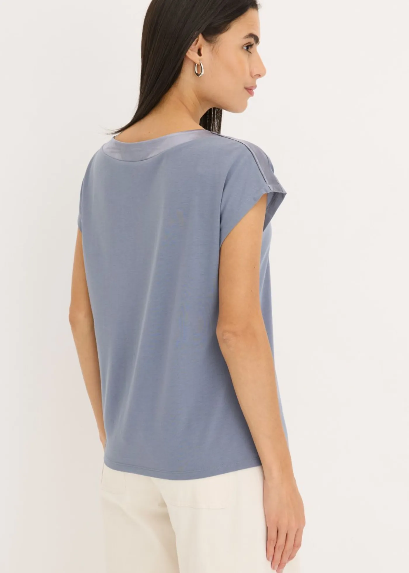 bonprix bonprix Camiseta con ribete de satén Azul ahumado Discount