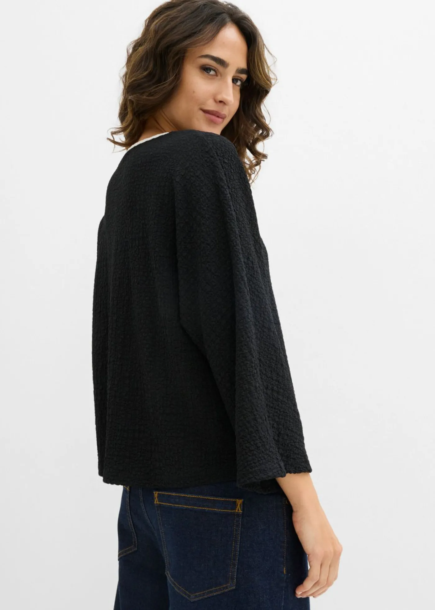 bonprix bonprix Camiseta con ribete en contraste Negro-blanco lana