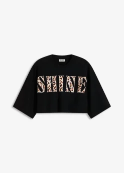 bonprix bonprix Camiseta corta de algodón orgánico puro Negro con estampado de leopardo Discount