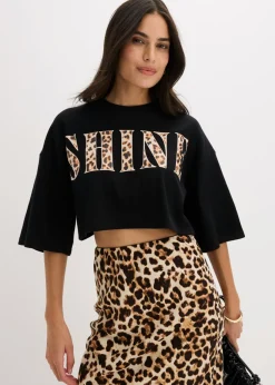 bonprix bonprix Camiseta corta de algodón orgánico puro Negro con estampado de leopardo Discount