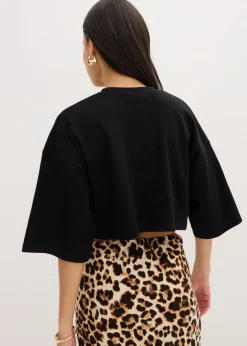 bonprix bonprix Camiseta corta de algodón orgánico puro Negro con estampado de leopardo Discount