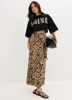 bonprix bonprix Camiseta corta de algodón orgánico puro Negro con estampado de leopardo Discount
