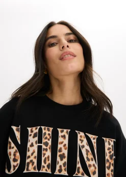 bonprix bonprix Camiseta corta de algodón orgánico puro Negro con estampado de leopardo Discount