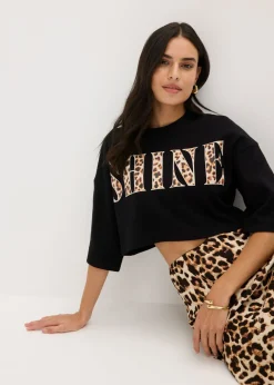 bonprix bonprix Camiseta corta de algodón orgánico puro Negro con estampado de leopardo Discount