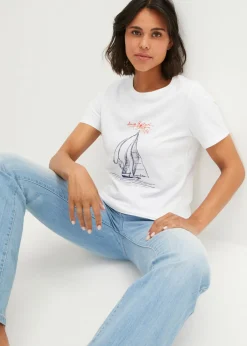 bonprix bonprix Camiseta de algodón con abertura lateral y estampado Blanco estampado Sale
