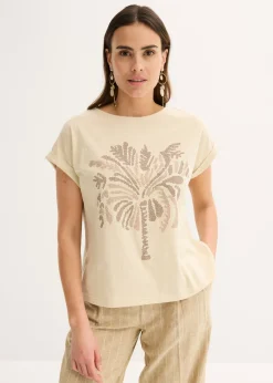 bonprix bonprix Camiseta de algodón con aplicación de tachuelas Arena claro Hot