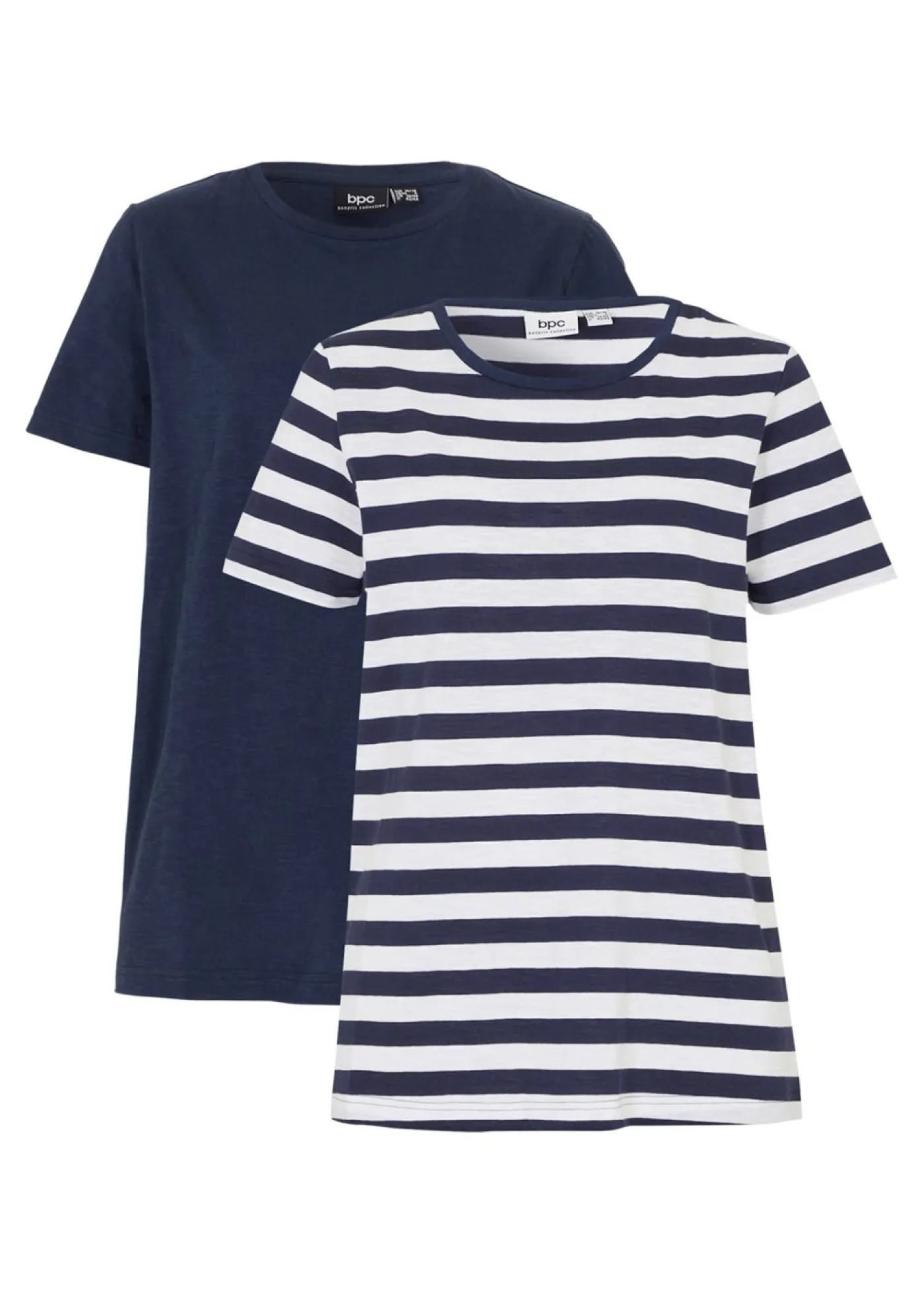 bonprix bonprix Camiseta de algodón con cuello redondo (2 unidades) Blanco-azul marino con rayas