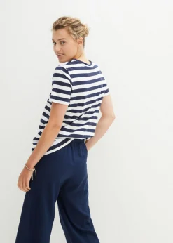 bonprix bonprix Camiseta de algodón con cuello redondo (2 unidades) Blanco-azul marino con rayas