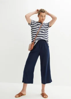 bonprix bonprix Camiseta de algodón con cuello redondo (2 unidades) Blanco-azul marino con rayas