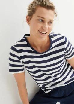 bonprix bonprix Camiseta de algodón con cuello redondo (2 unidades) Blanco-azul marino con rayas