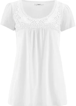bonprix bonprix Camiseta de algodón con encaje y manga corta Blanco Hot