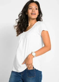 bonprix bonprix Camiseta de algodón con encaje y manga corta Blanco Hot