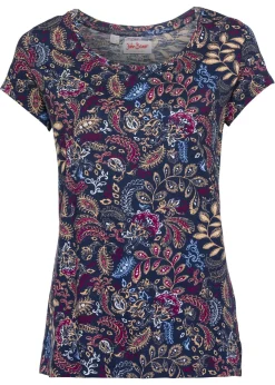 bonprix bonprix Camiseta de algodón con estampado y manga corta Azul oscuro estampado Sale