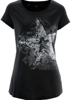 bonprix bonprix Camiseta de algodón e hilo flameado con manga corta Negro estampado Clearance