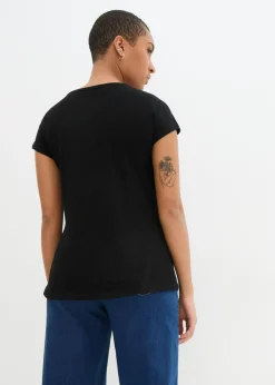 bonprix bonprix Camiseta de algodón e hilo flameado con manga corta Negro estampado Clearance