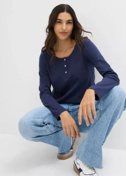 bonprix bonprix Camiseta de algodón ecológico puro con cuello redondo Azul marino New