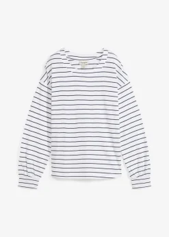 bonprix bonprix Camiseta de algodón orgánico puro con manga larga Blanco-azul marino con rayas Hot