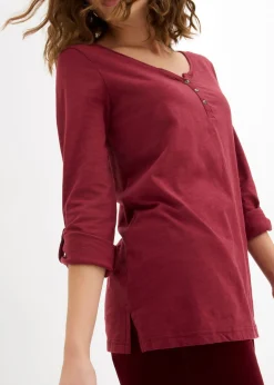 bonprix bonprix Camiseta de algodón orgánico puro con botones Burdeos Sale