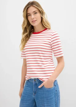 bonprix bonprix Camiseta de algodón orgánico pesado blanco lana-fresa con rayas Clearance