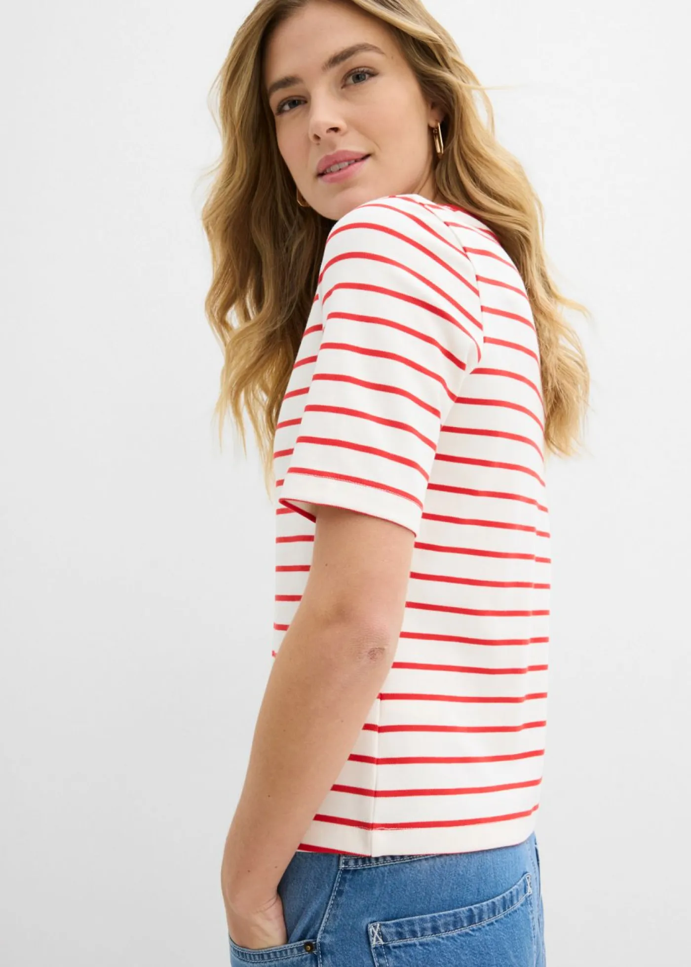 bonprix bonprix Camiseta de algodón orgánico pesado blanco lana-fresa con rayas Clearance