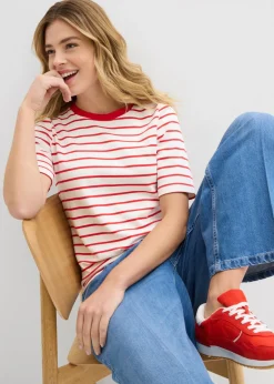 bonprix bonprix Camiseta de algodón orgánico pesado blanco lana-fresa con rayas Clearance