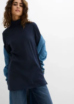bonprix bonprix Camiseta de algodón orgánico puro con cuello alto Azul marino Hot