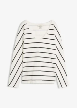 bonprix bonprix Camiseta de algodón orgánico puro con manga larga blanco lana-negro con rayas Sale