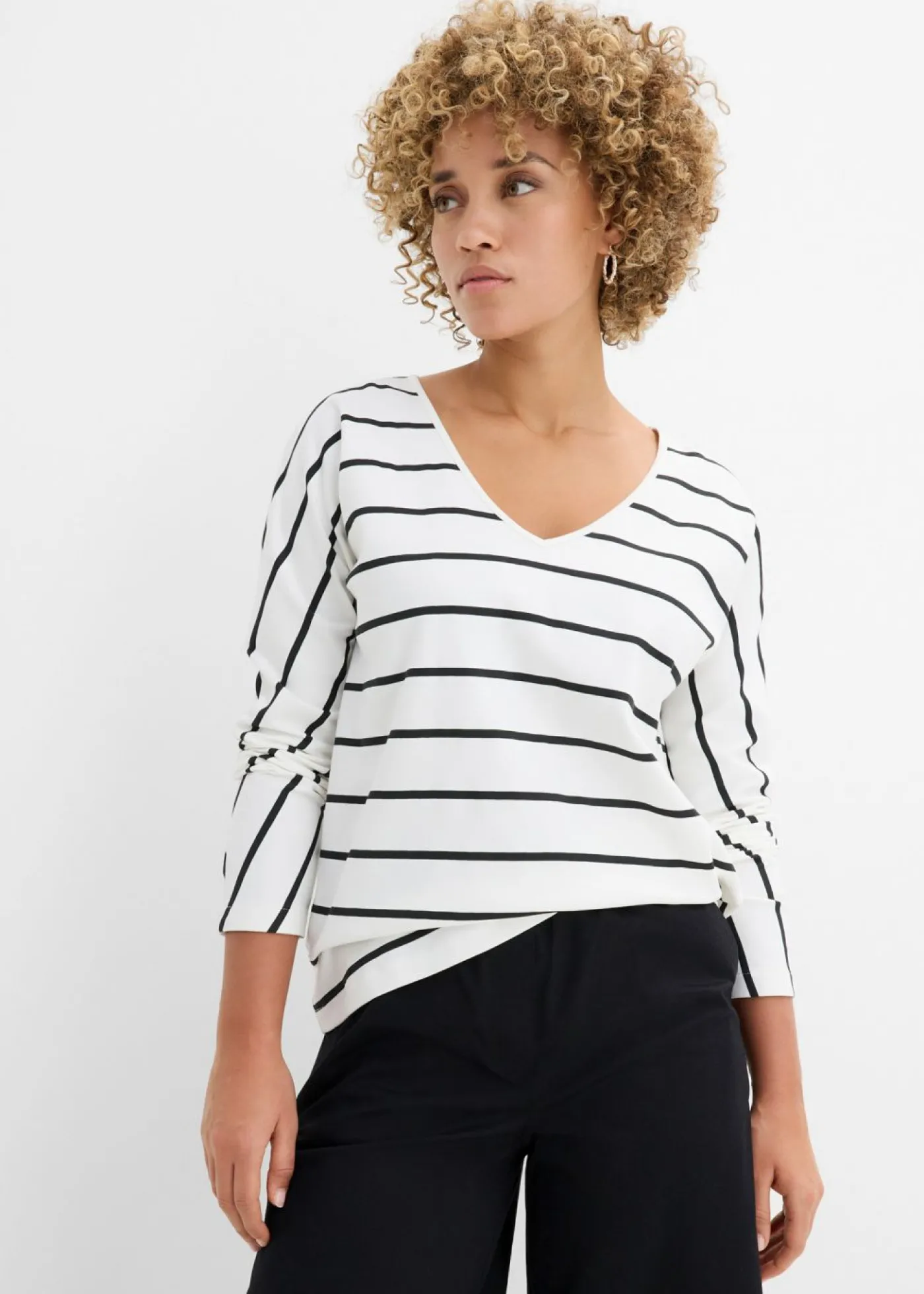bonprix bonprix Camiseta de algodón orgánico puro con manga larga blanco lana-negro con rayas Sale