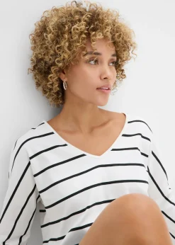 bonprix bonprix Camiseta de algodón orgánico puro con manga larga blanco lana-negro con rayas Sale