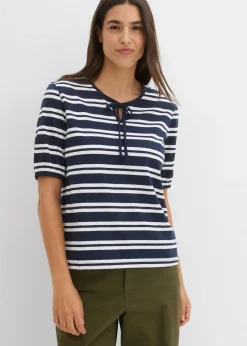 bonprix bonprix Camiseta de algodón orgánico puro azul marino-blanco con rayas
