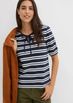 bonprix bonprix Camiseta de algodón orgánico puro azul marino-blanco con rayas