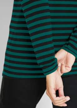 bonprix bonprix Camiseta de algodón orgánico puro con manga larga negro / verde intenso con rayas