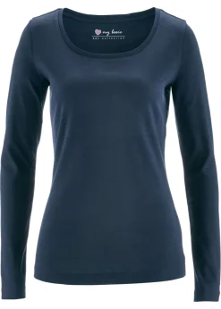 bonprix bonprix Camiseta de algodón orgánico puro con manga larga Azul marino Online