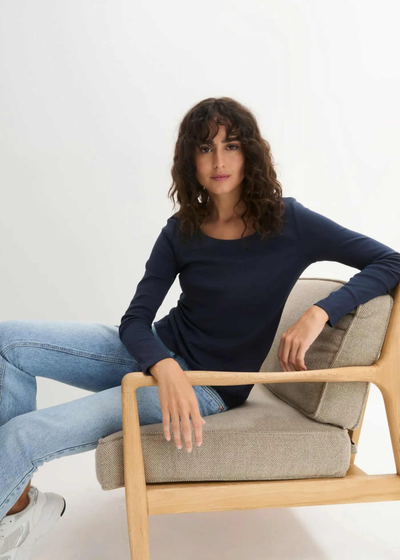 bonprix bonprix Camiseta de algodón orgánico puro con manga larga Azul marino Online