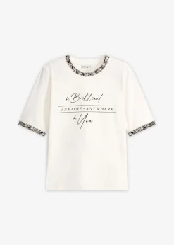 bonprix bonprix Camiseta de algodón orgánico con cinta decorativa Blanco lana Clearance