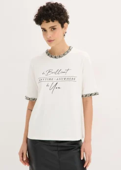 bonprix bonprix Camiseta de algodón orgánico con cinta decorativa Blanco lana Clearance