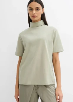 bonprix bonprix Camiseta de algodón orgánico puro con cuello alto Verde alga Discount