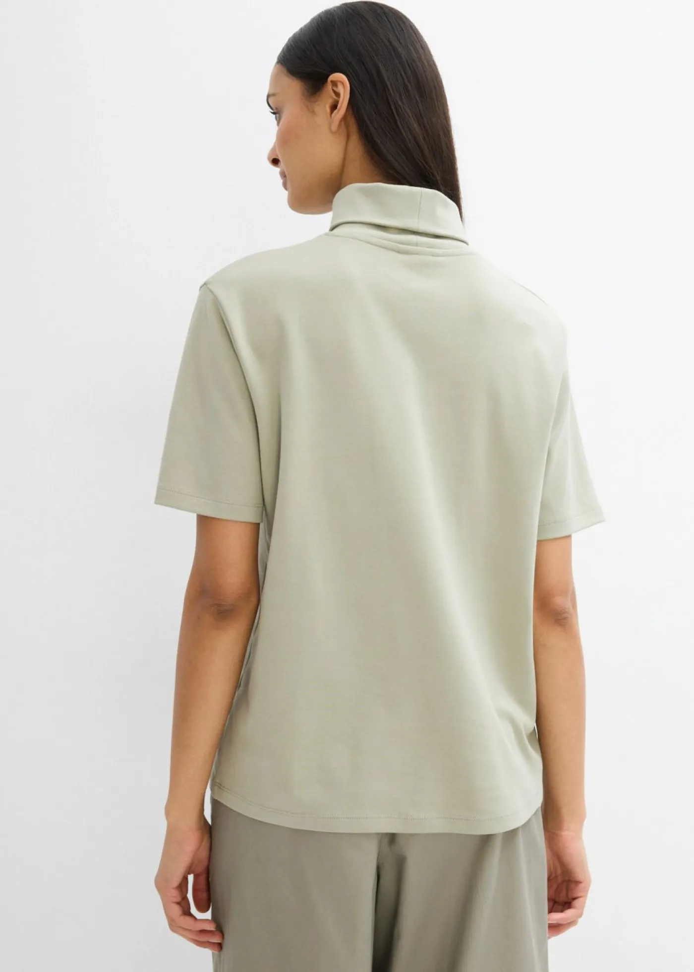 bonprix bonprix Camiseta de algodón orgánico puro con cuello alto Verde alga Discount